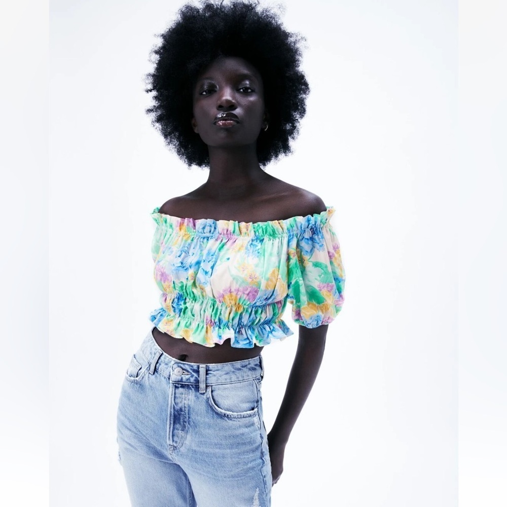 Zara Floral Bardot Off Shoulder Smocked Crop Top Blouse Size L